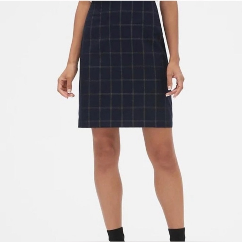 Banana Republic Navy Pencil Skirt Metallic Silver and Gold Thread Plaid Grid